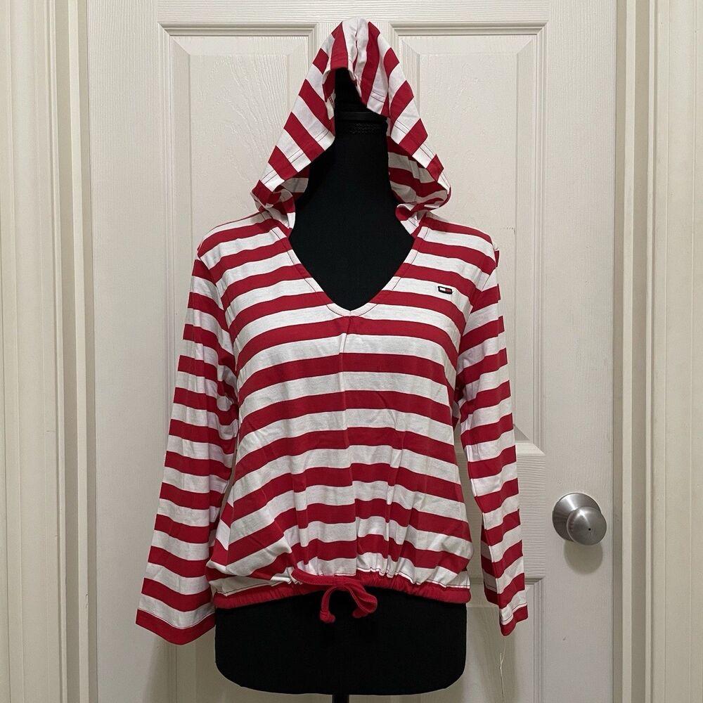 Tommy Hilfiger Red & White Striped V-Neck Hoodie Top - Picture 3 of 13